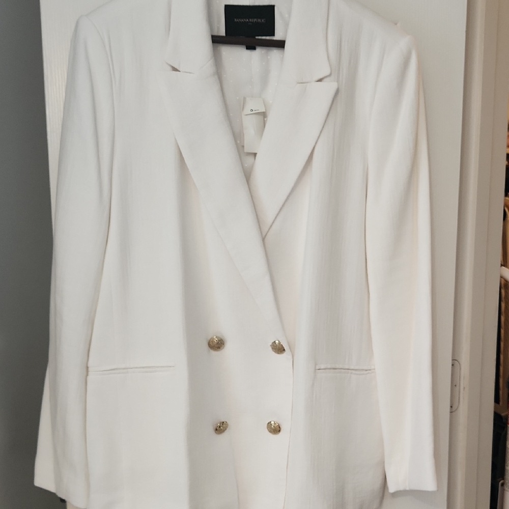 Banana Republic Factory White Double-Breasted Blazer with Gold Buttons
